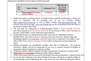 Tender Notice for Procurement of Printed Answer Sheets