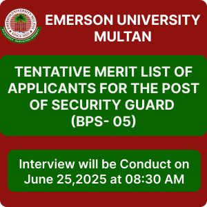 Tentative Merit List of Applicants for the Post of Security Guard (BPS- 05)