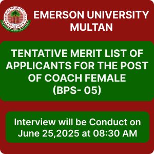 Tentative Merit List of Applicants for the Post of Coach Female (BPS- 05)