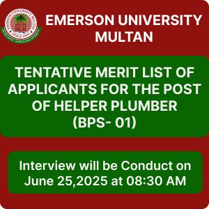 Tentative Merit List of Applicants for the Post of Helper Plumber (BPS-01)