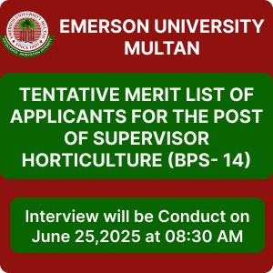 Tentative Merit List of Applicants for the Post of Supervisor Horticulture (BPS-14)