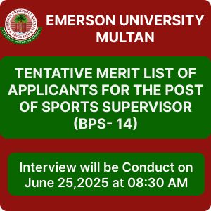 Tentative a Merit List of Applicants for the Post of Sports Supervisor (BPS-14)