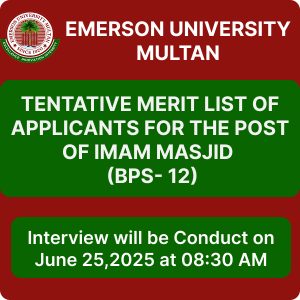 Tentative Merit List of Applicants for the Post of Imam Masjid (BPS-12)