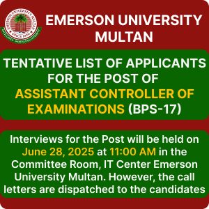 Tentative List of Applicants for the Post of Assistant Controller of Examinations (BPS-17)