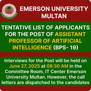 Tentative List of Applicants for the Post of Assistant Professor of Artificial Intelligence (BPS-19)