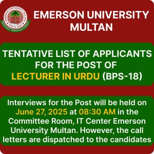 Tentative List of Applicants for the Post of Lecturer in Urdu (BPS-18)