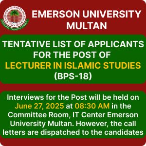 Tentative List of Applicants for the Post of Lecturer in Islamic Studies (BPS-18)