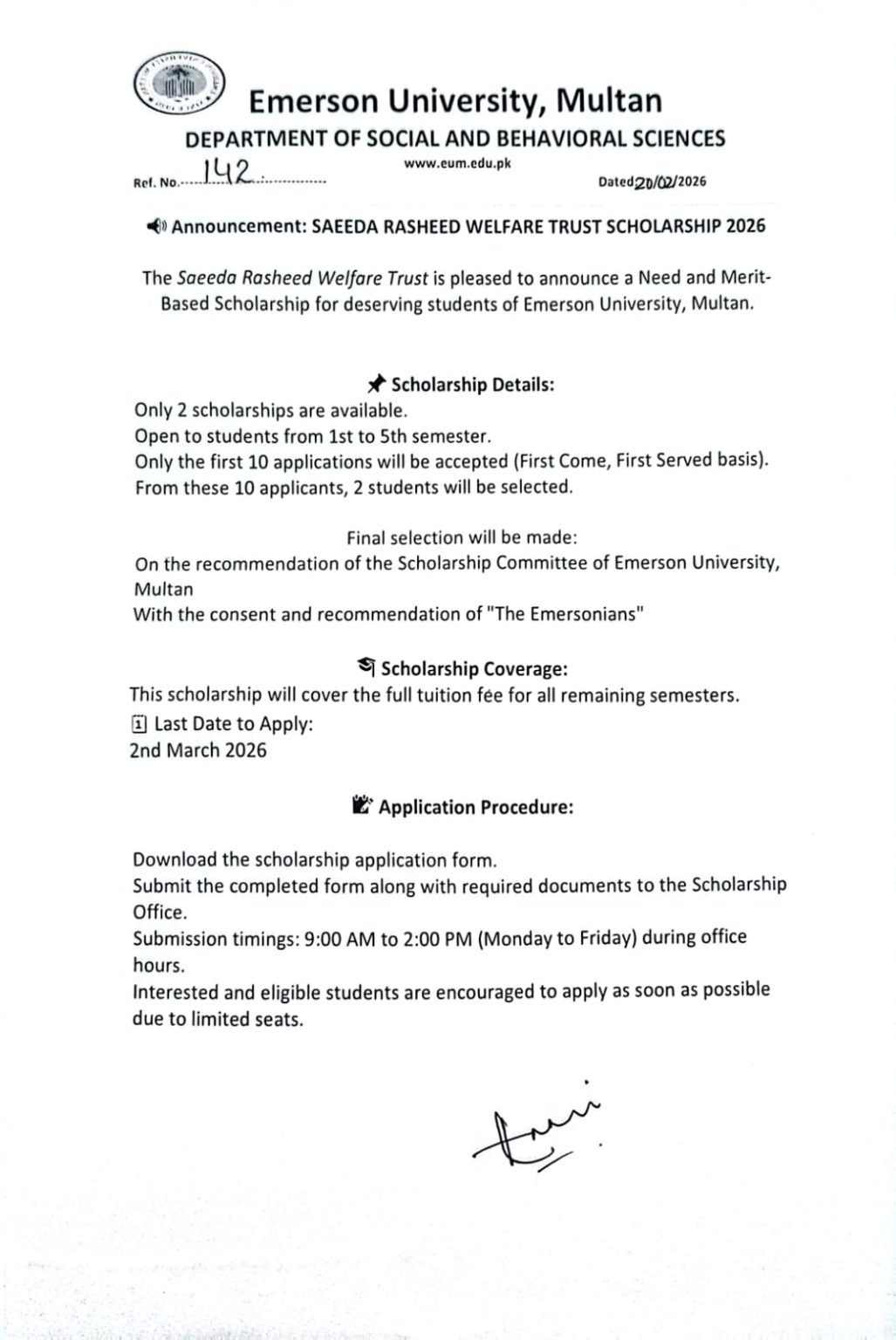 Papo Rasheed Multan Saeeda Rasheed Welfare Trust Scholarship 2026 – Emerson University Multan